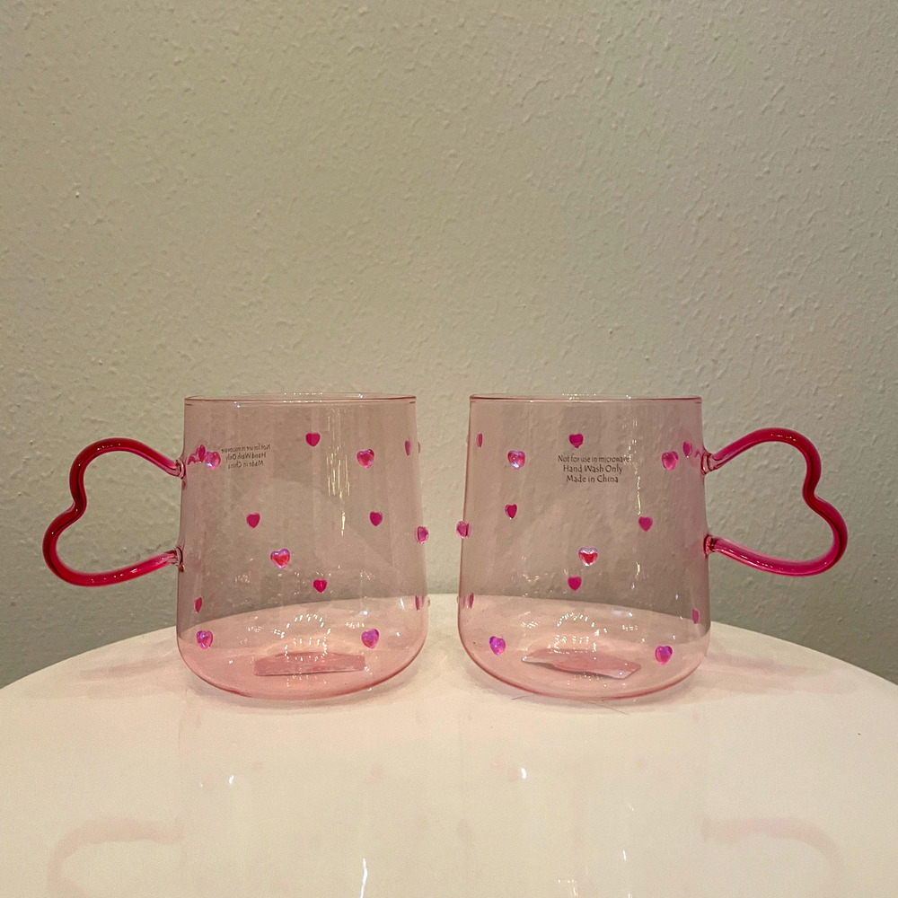 Pink Glass Coquette Gem Hearts Coffee Mug Tea Cup with Heart Handle Set of 2